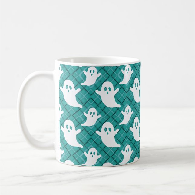 Halloween Ghosts on Teal Plaid Coffee Mug (Left)