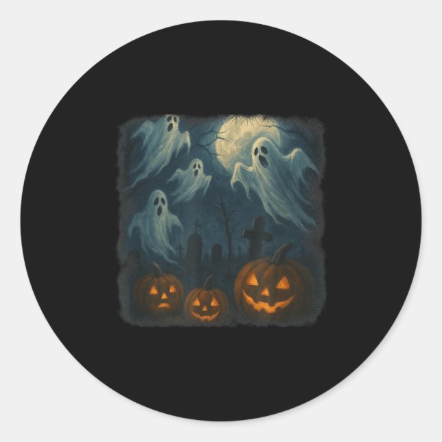 Halloween. Ghosts, Pumpkins And Graveyard!  Classic Round Sticker (Front)