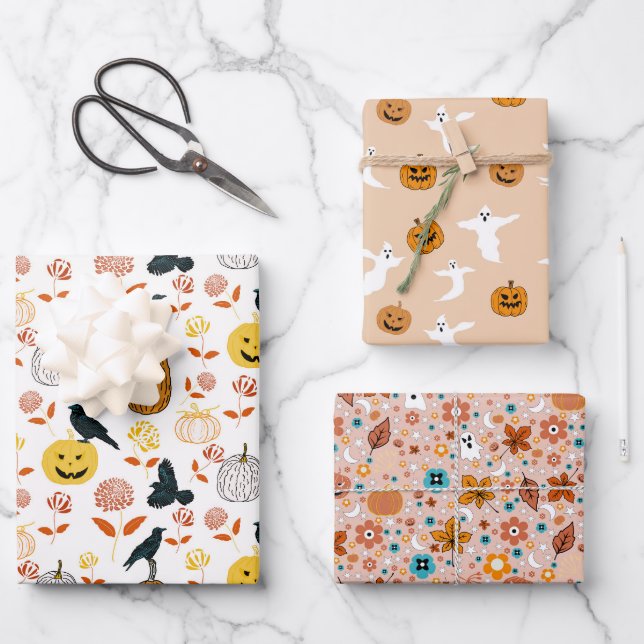 Halloween Ghosts, Pumpkins,Ravens and Fall Foliage Wrapping Paper Sheet (Front)