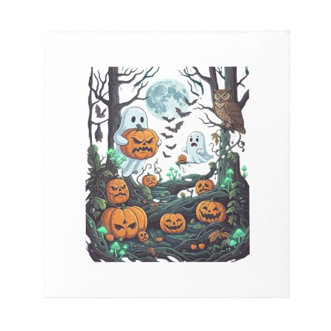 Halloween Ghosts Scary Pumpkins Owl Full Moon Bats Notepad (Front)