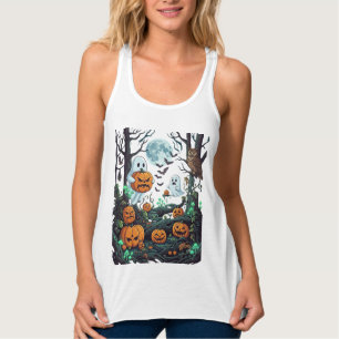 Halloween Ghosts Scary Pumpkins Owl Full Moon Bats Singlet