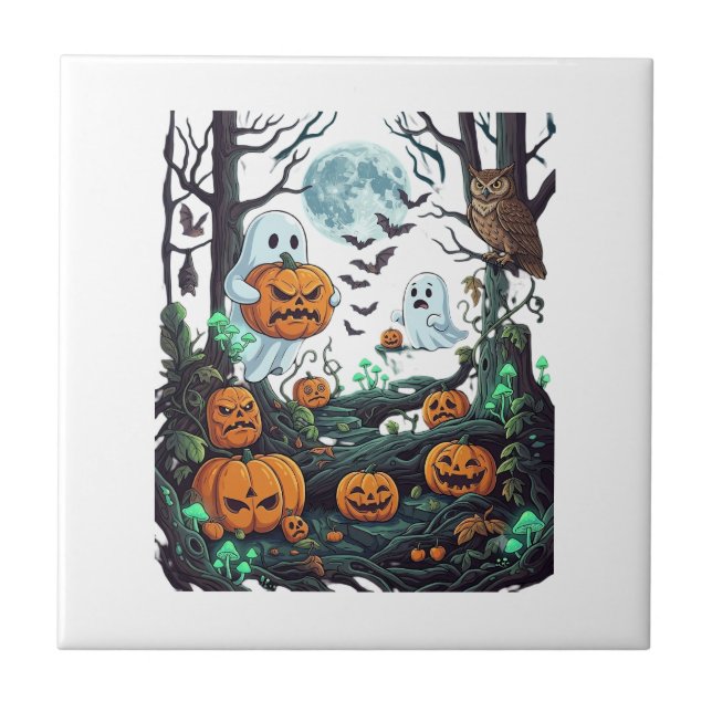 Halloween Ghosts Scary Pumpkins Owl Full Moon Bats Tile (Front)