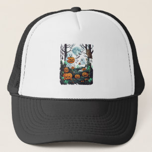 Halloween Ghosts Scary Pumpkins Owl Full Moon Bats Trucker Hat