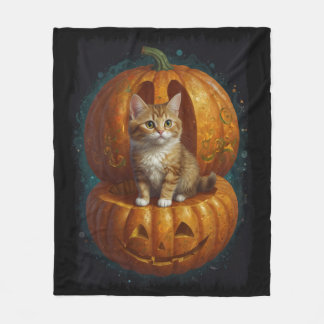 Halloween Ginger Tabby Kitten Living in a Pumpkin Fleece Blanket