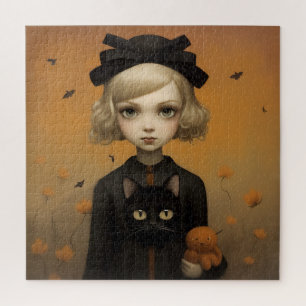 Halloween Girl and Cat Jigsaw Puzzle