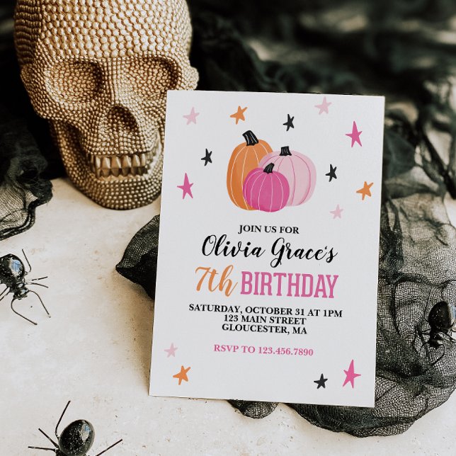 Halloween Girl Birthday Pink Pumpkins Stars Invita Invitation (Creator Uploaded)