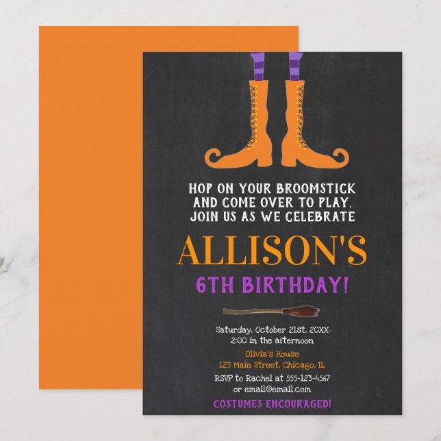 Halloween girl birthday, witch feet purple orange invitation (Front/Back)