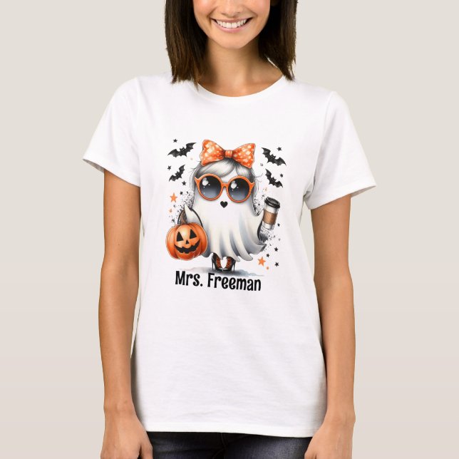 Halloween Girl Ghost with Coffee and Pumpkin T-Shirt (Front)