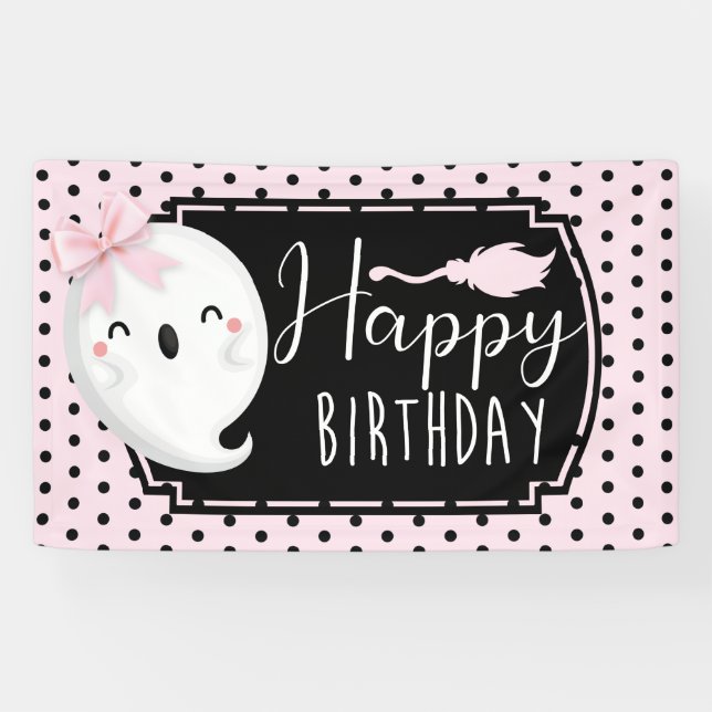 Halloween Girl Happy Birthday Pink Black Banner (Horizontal)