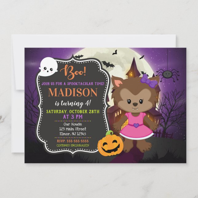 Halloween Girl Werewolf Birthday Invitation (Front)
