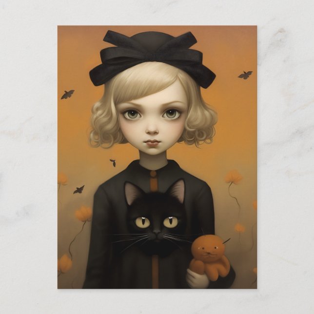 Halloween Girl With Cat Postcard (Front)