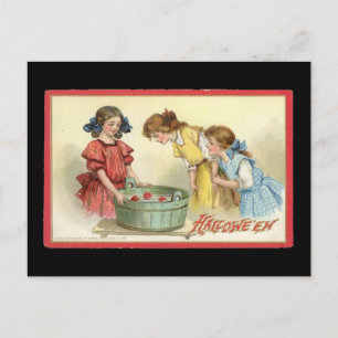 Halloween Girls Bobbing for Apples Vintage Postcard