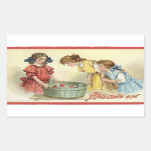 Halloween Girls Bobbing for Apples Vintage Rectangular Sticker