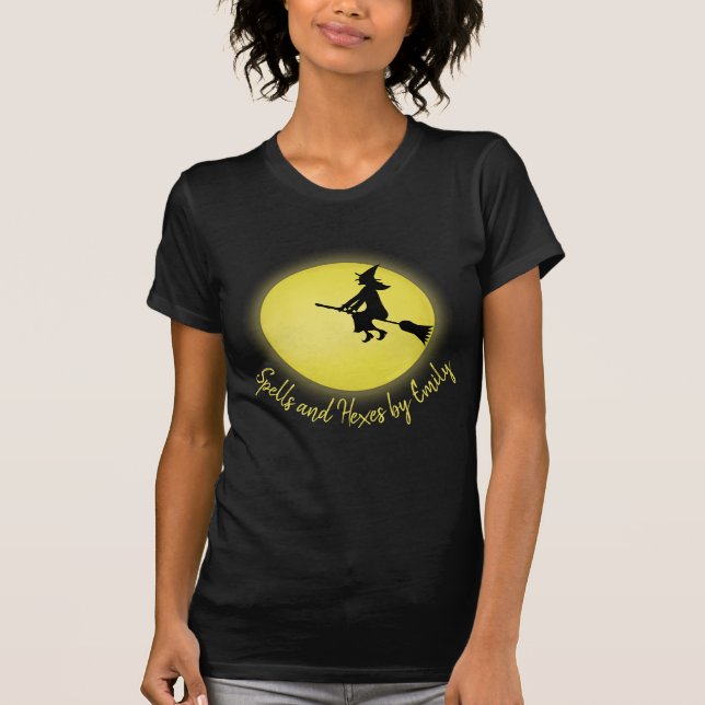 Halloween Girly Flying Witch Whimsical Full Moon T-Shirt (Front)