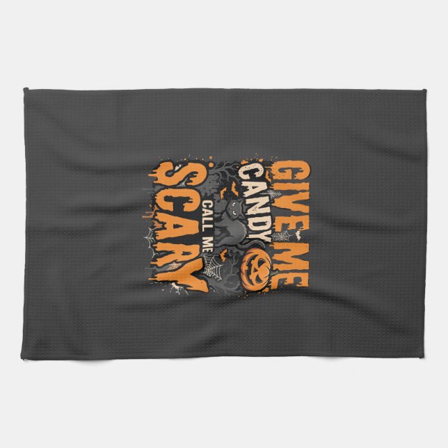 Halloween Give Me Candy Scary Cat Tea Towel (Horizontal)
