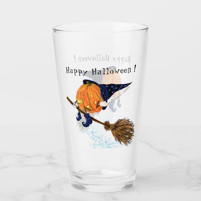 Halloween Glass Witch Pumpkin Flying Broom Fun (Front)