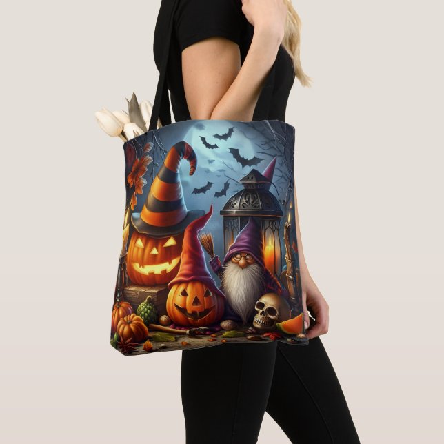 Halloween Gnome and Jack-O-Lanterns Tote Bag (Close Up)