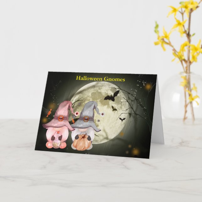 Halloween Gnomes Full Moon Family Holiday Card (Yellow Flower)