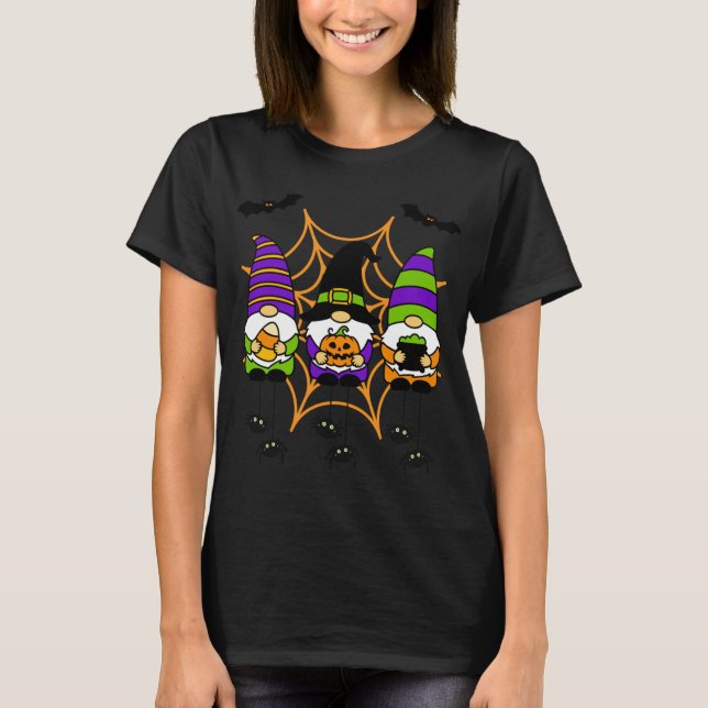 Halloween Gnomes In Spiderweb With Spiders Bats Ha T-Shirt (Front)