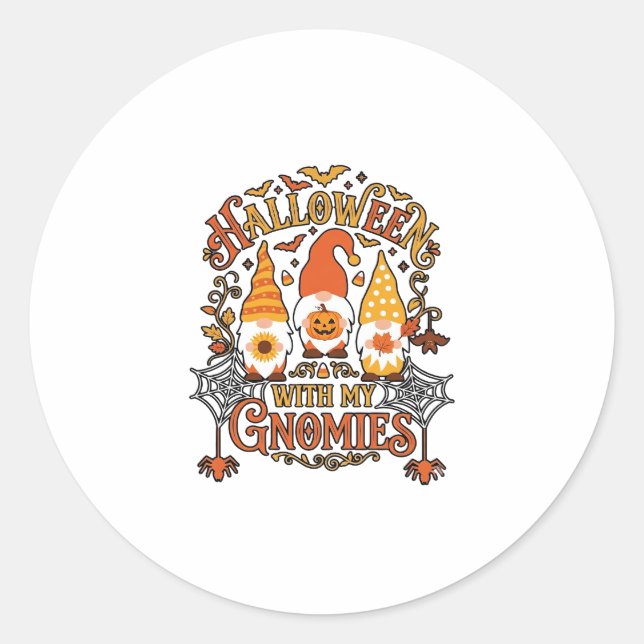 Halloween Gnomies Pumpkin Spider Web Bats_1 Classic Round Sticker (Front)