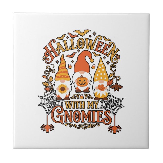 Halloween Gnomies Pumpkin Spider Web Bats_1 Tile (Front)