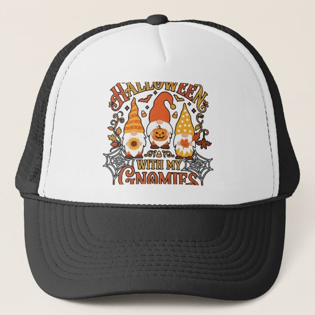 Halloween Gnomies Pumpkin Spider Web Bats_1 Trucker Hat (Front)