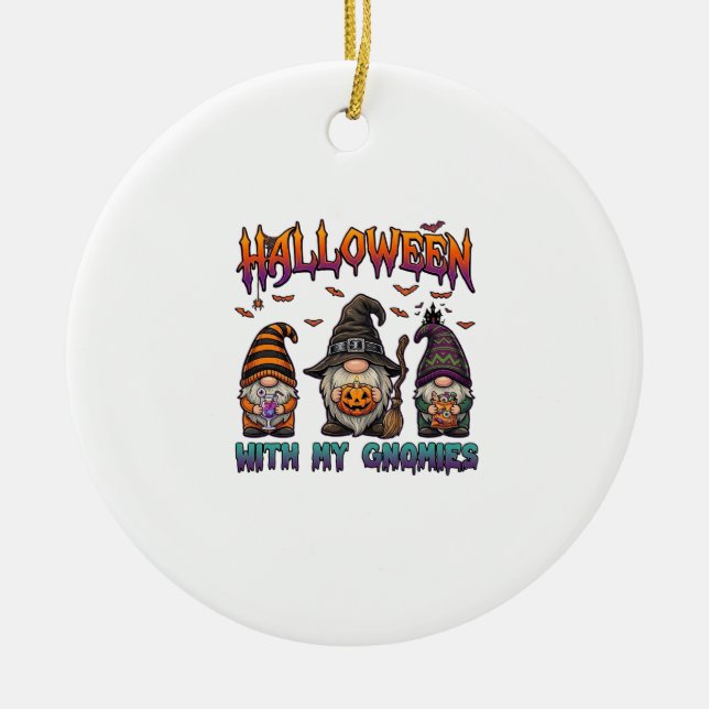 Halloween Gnomies Three Gnomes Witch Hat Pumpkin_1 Ceramic Tree Decoration (Front)