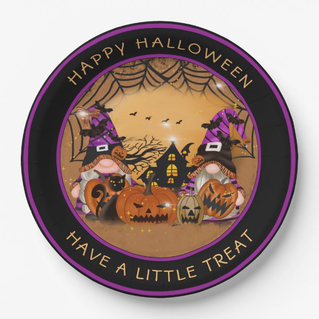 Halloween Gnones Pumpkins Spiderweb Haunted House Paper Plate (Front)