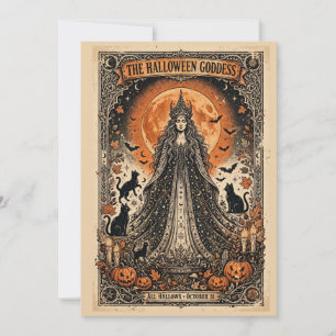 Halloween Goddess Vintage Gothic Witch Black Cat Invitation