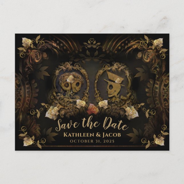 Halloween Golden Elegant Skeletons Save Date Postc Postcard (Front)