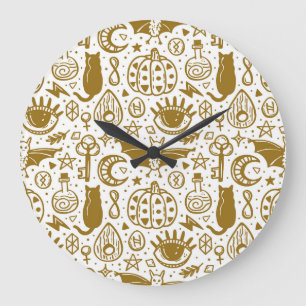 Halloween golden ink, seamless silhouette pattern. large clock