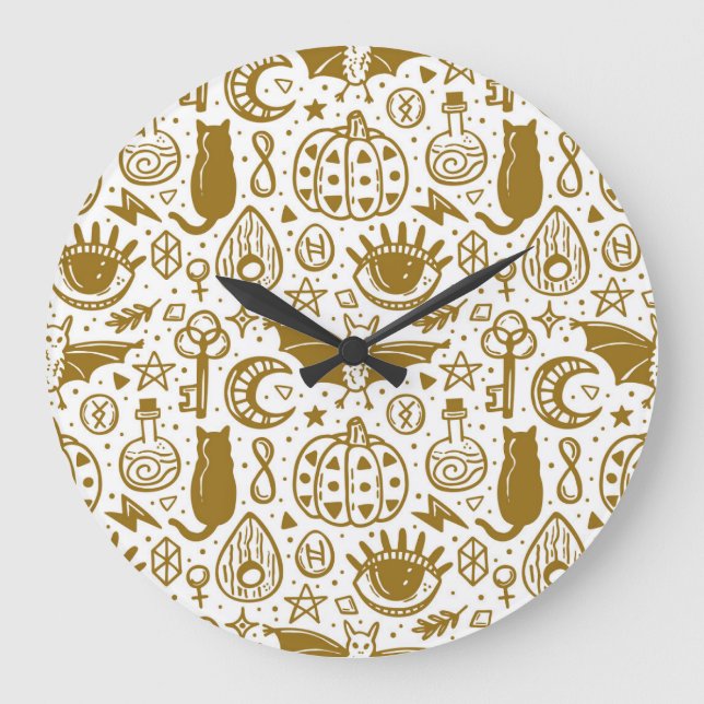 Halloween golden ink, seamless silhouette pattern. large clock (Front)