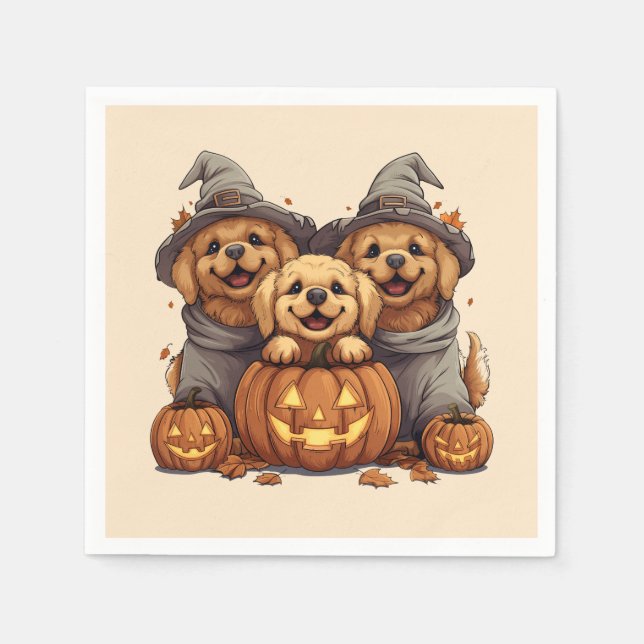 Halloween Golden Retriever Dogs Jack O Lantern Napkin (Front)