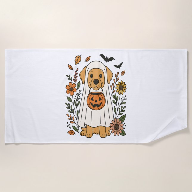 Halloween Golden Retriever Flowers Beach Towel (Front)
