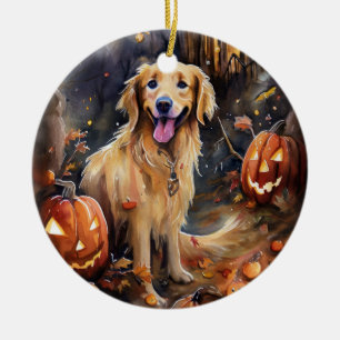 Halloween Golden Retriever With Pumpkins Scary Ceramic Tree Decoration