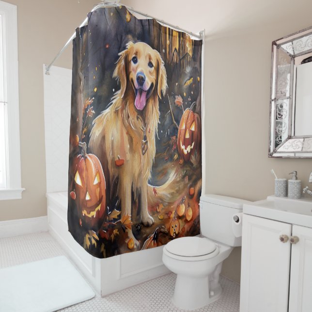 Halloween Golden Retriever With Pumpkins Scary Shower Curtain (In Situ)