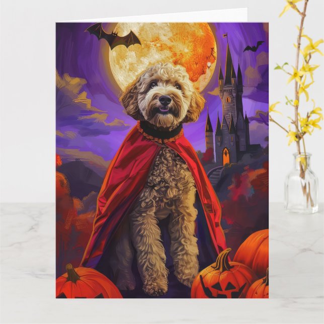Halloween Goldendoodle Vampire Pumpkins Scary  Card (Yellow Flower)