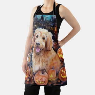 Halloween Goldendoodle With Pumpkins Scary Apron