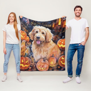 Halloween Goldendoodle With Pumpkins Scary Fleece Blanket