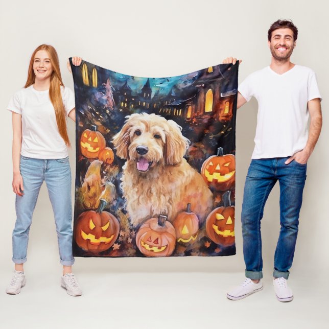 Halloween Goldendoodle With Pumpkins Scary Fleece Blanket (In Situ)