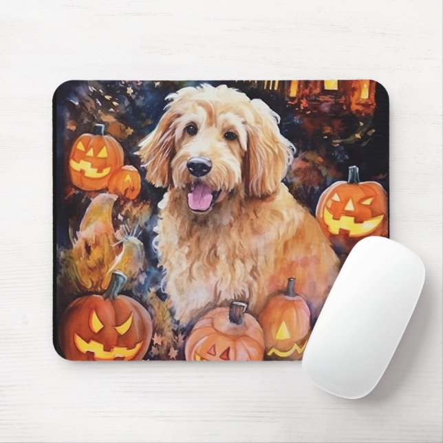 Halloween Goldendoodle With Pumpkins Scary Mouse Pad (With Mouse)