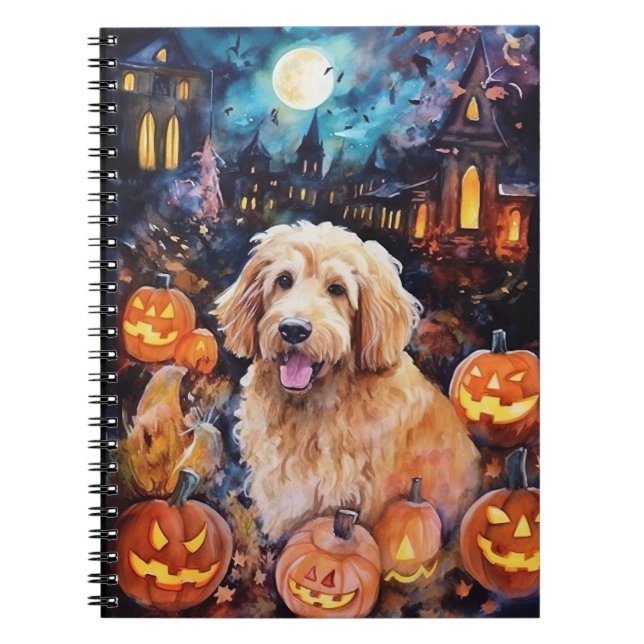 Halloween Goldendoodle With Pumpkins Scary Notebook (Front)