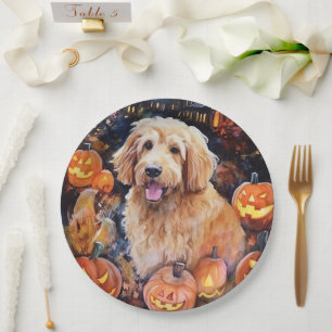 Halloween Goldendoodle With Pumpkins Scary Paper Plate