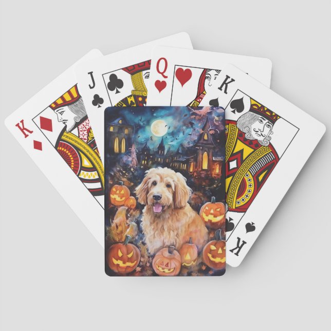 Halloween Goldendoodle With Pumpkins Scary Playing Cards (Back)