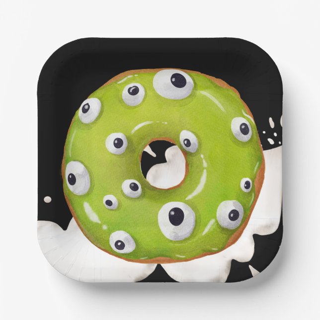 Halloween Googley Eyed Green Monster Doughnut Paper Plate (Front)
