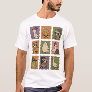 Halloween Goose Postage Stamp Frog Racoon Animals T-Shirt