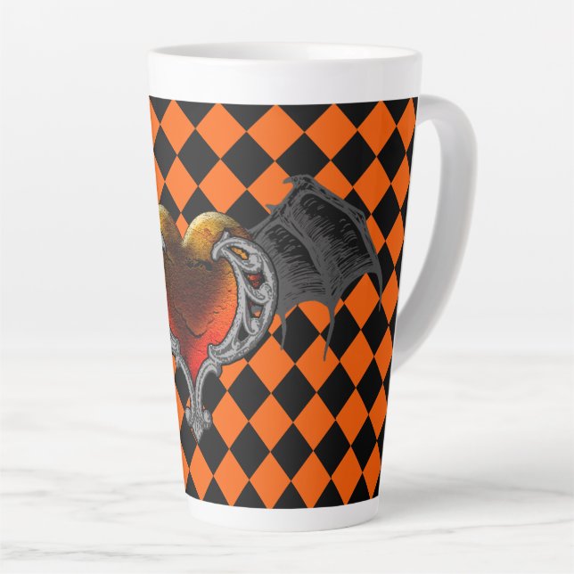 Halloween Goth Orange Heart & Bat Wings Latte Mug (Right Angle)