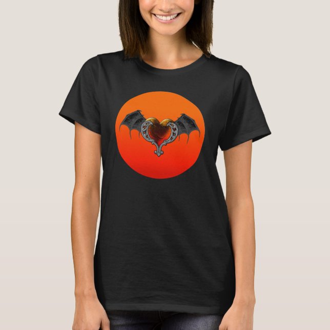 Halloween Goth Orange Heart & Bat Wings TShirt (Front)