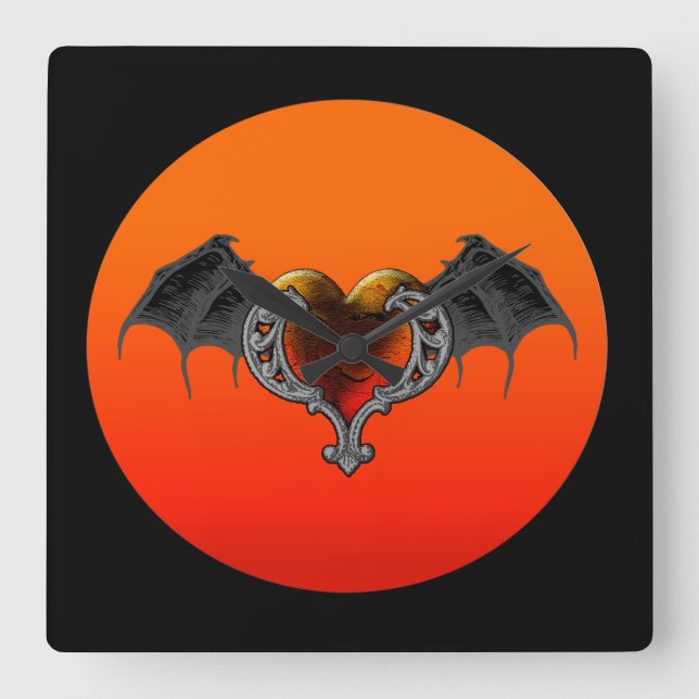 Halloween Goth Orange Heart & Bat Wings Wall Clock (Front)