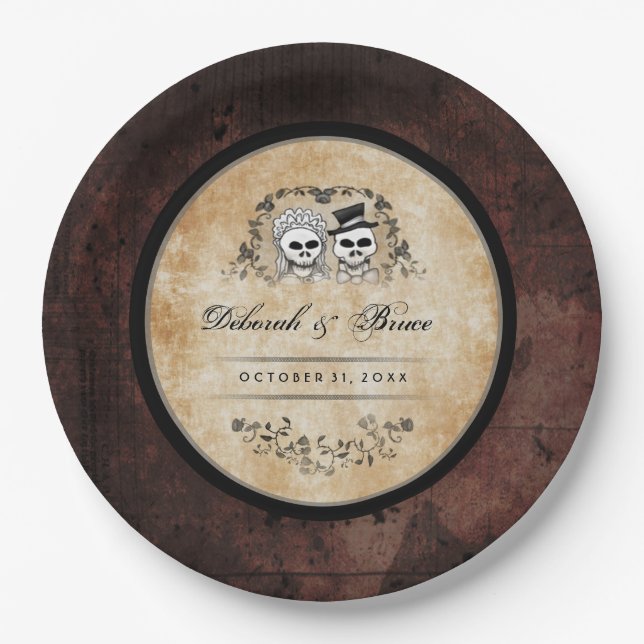 Halloween Gothic Brown Skeletons Matching Wedding Paper Plate (Front)